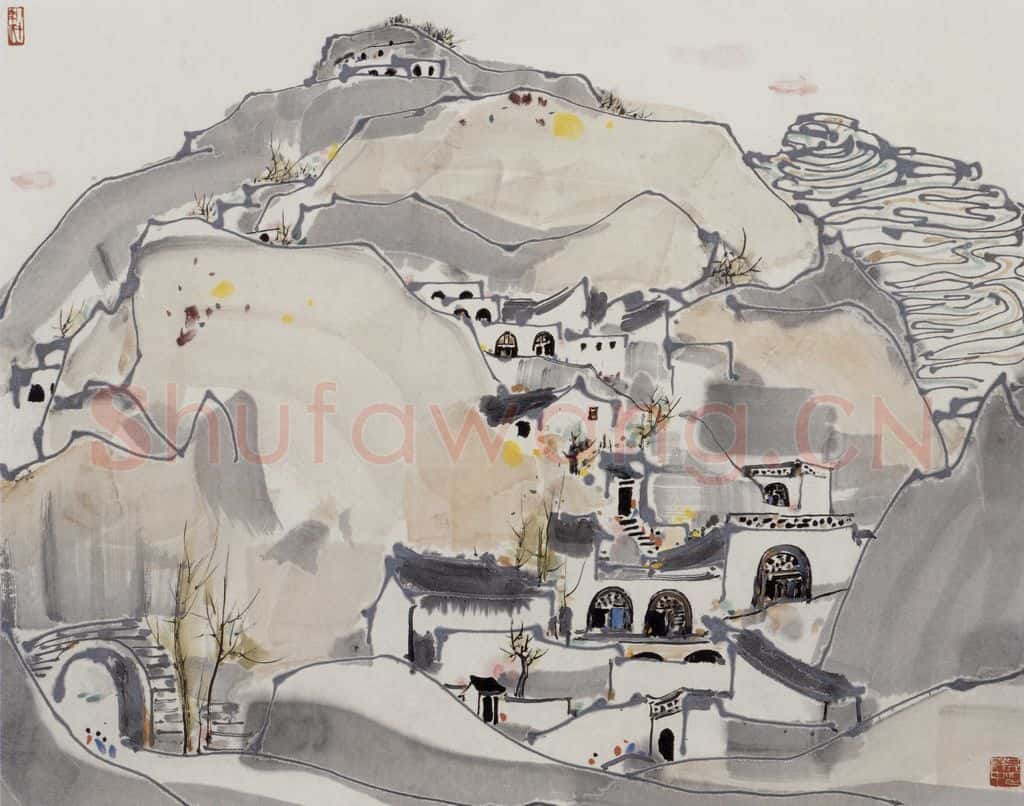 1987年 吴冠中 窑洞村 书画作品