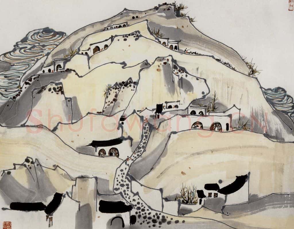 1987年 吴冠中 窑洞村 书画作品