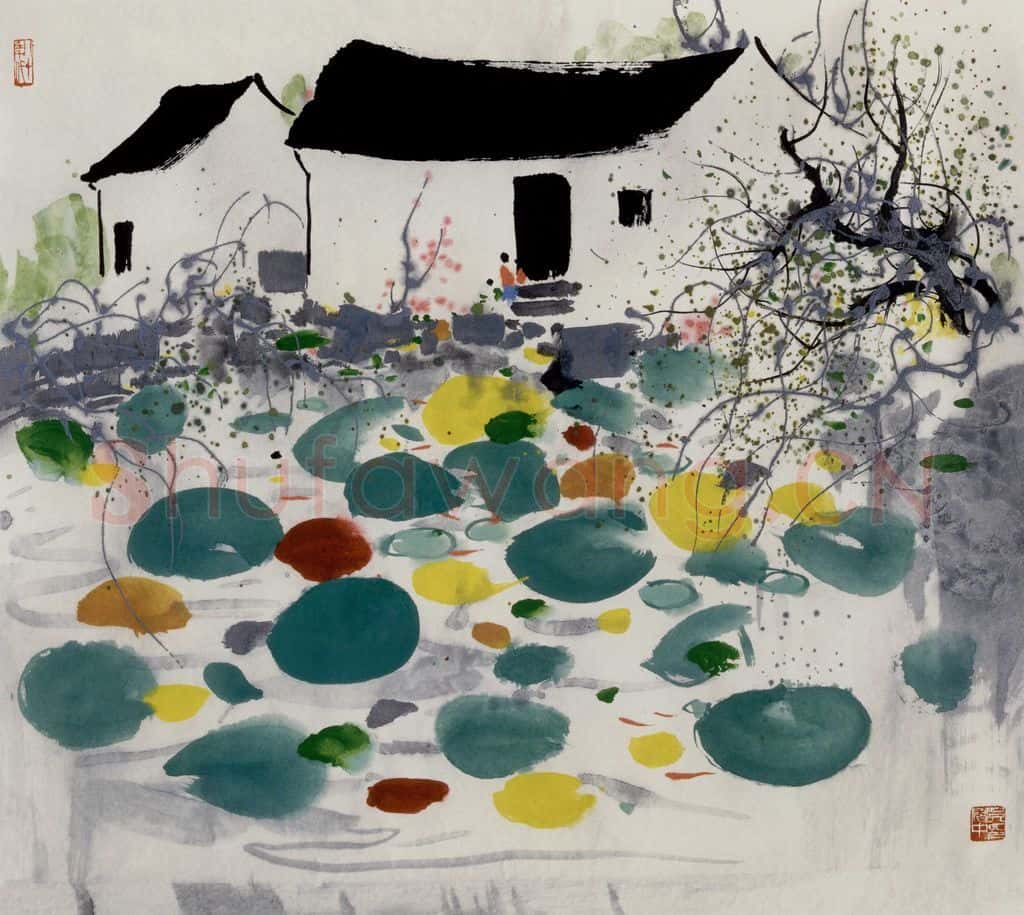 1987年 吴冠中 池塘人家 书画作品