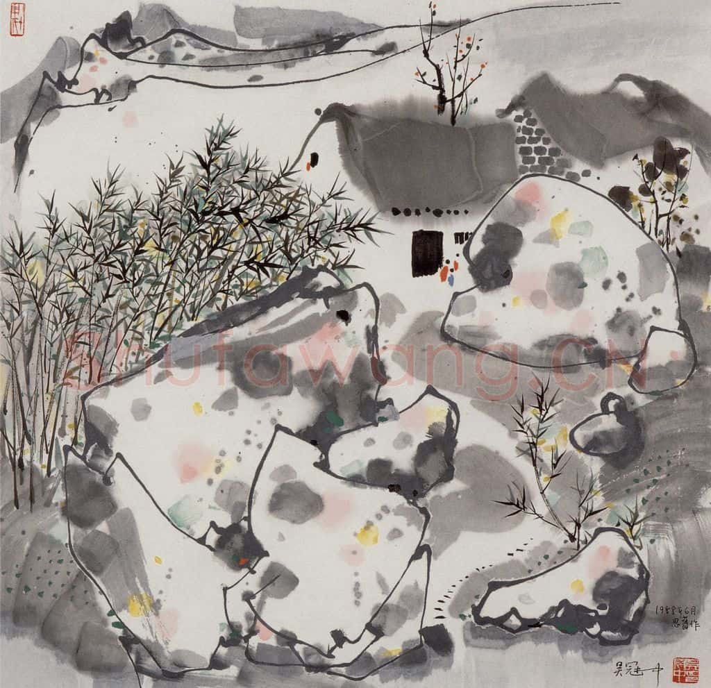 1988年 吴冠中 思旧作竹篱茅舍 书画作品