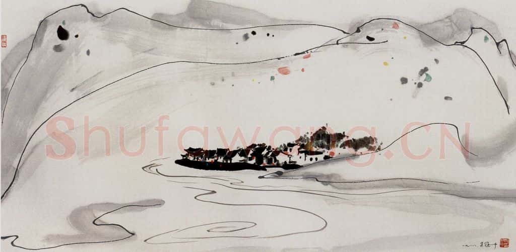 1988年 吴冠中 江畔小村 书画作品
