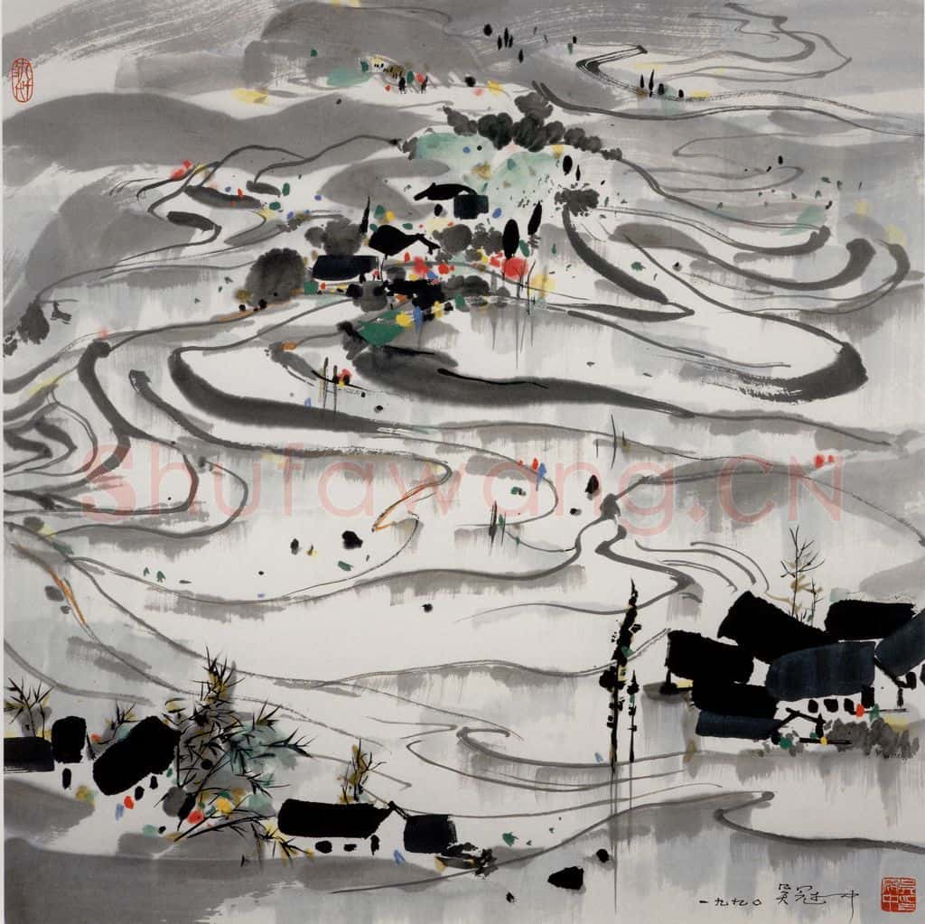 1990年 吴冠中 蜀中水田 书画作品