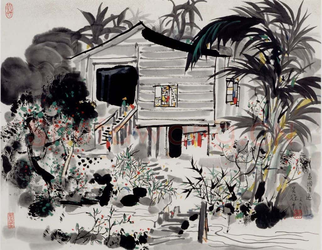 1990年 吴冠中 泰国清迈农家 书画作品