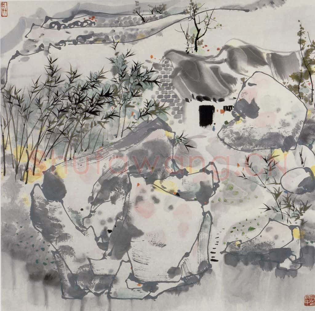 1986年 吴冠中 竹篱茅舍 书画作品