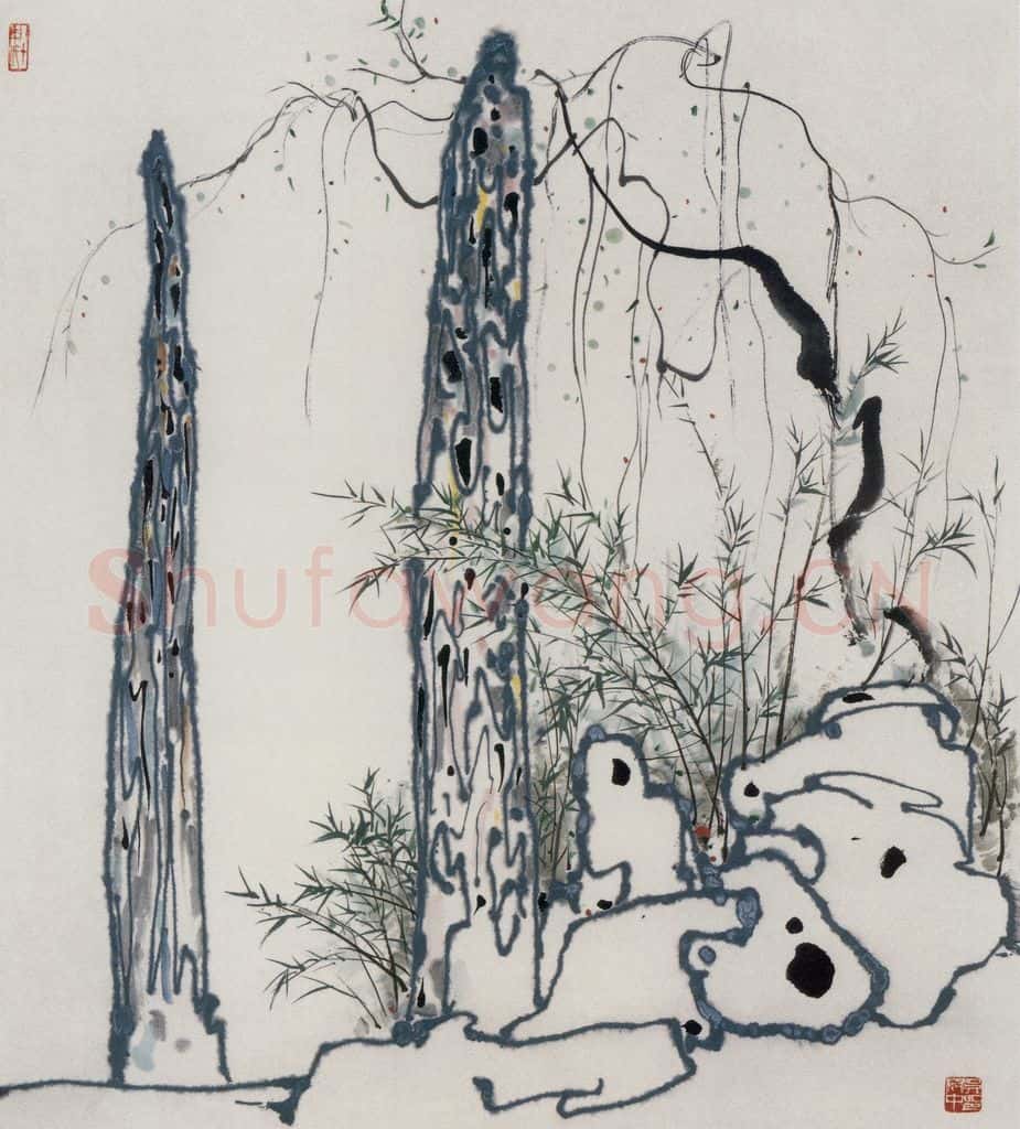 1986年 吴冠中 园林石笋 书画作品
