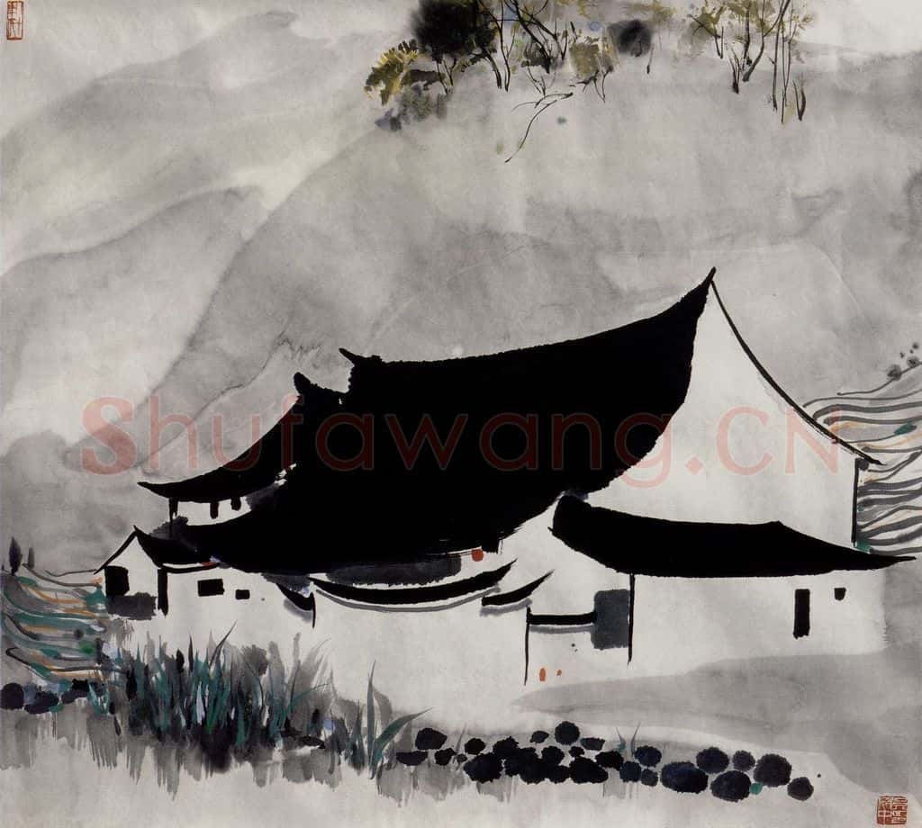 1986年 吴冠中 山间农家 书画作品