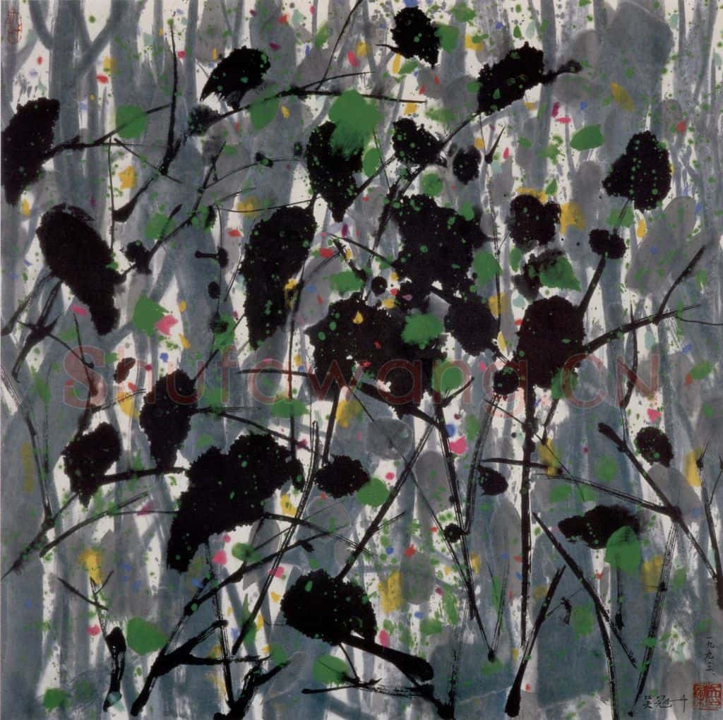1993年 吴冠中 林鸟 书画作品