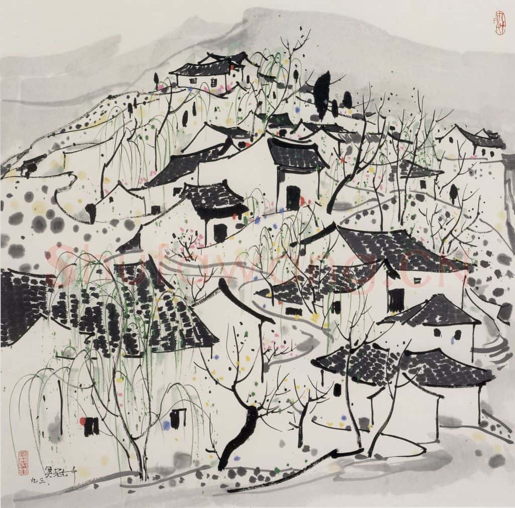 1993年 吴冠中 山村 书画作品