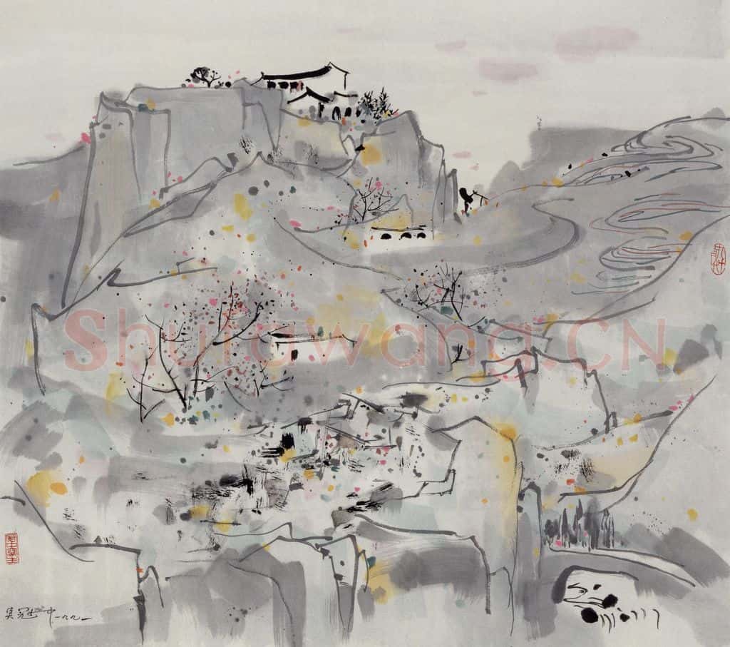 1991年 吴冠中 高原人家 书画作品