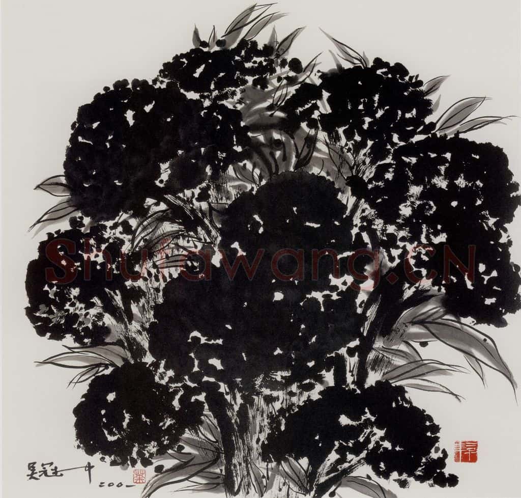 2001年 吴冠中 鸡冠花 书画作品