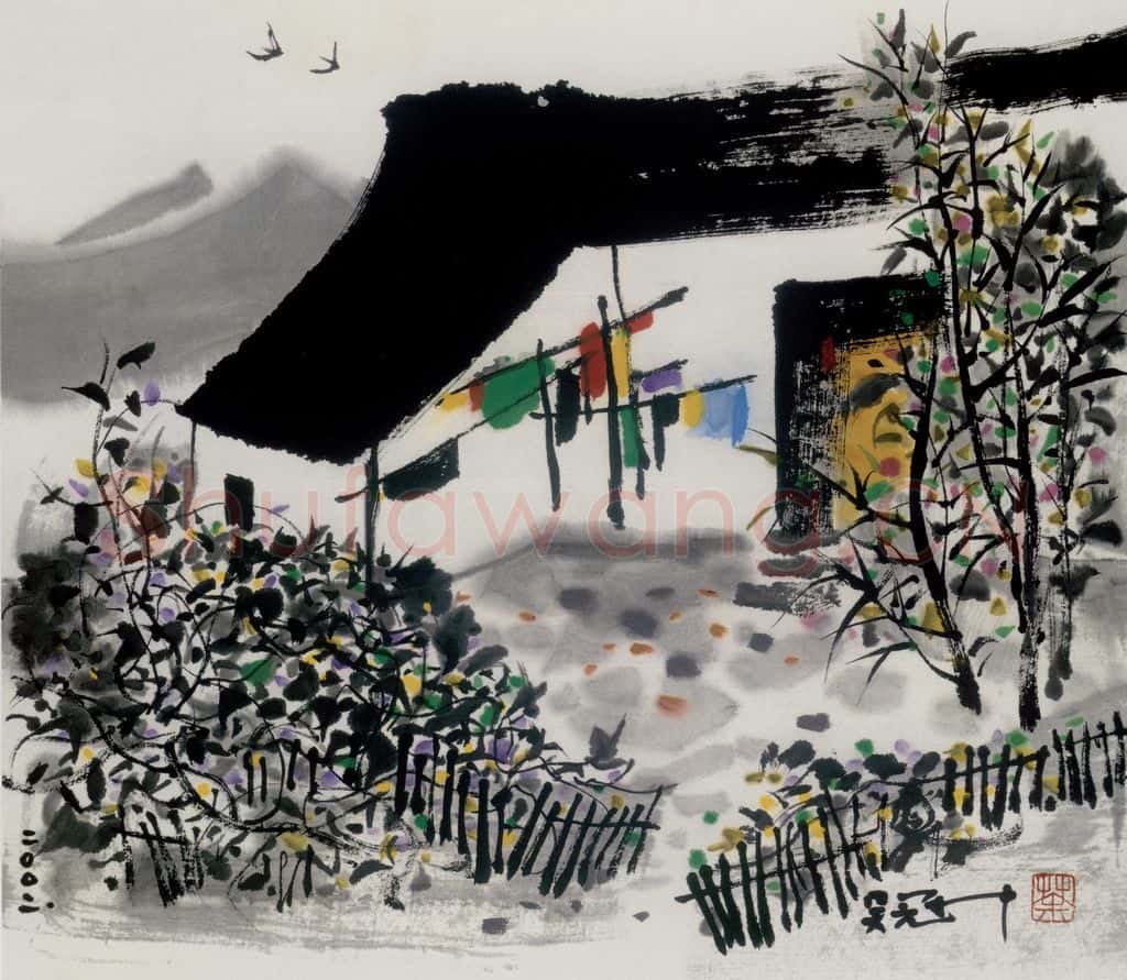 2002年 吴冠中 农家院 书画作品
