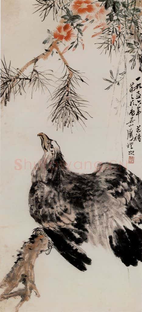 1956年 吴茀之 红花雄鹰 书画作品