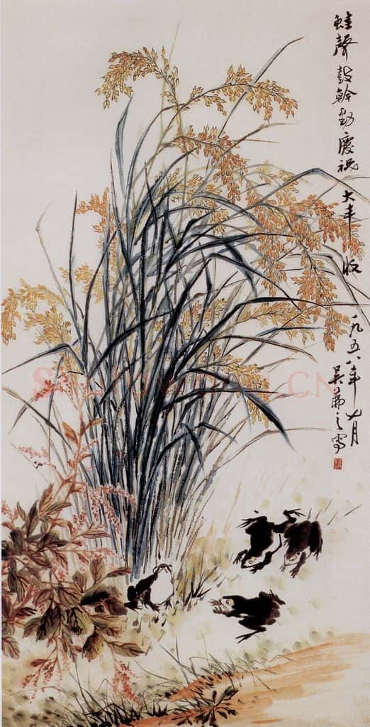 1958年 吴茀之 蓼花水稻青蛙 书画作品