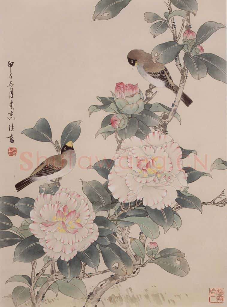 1984年 喻继高《茶花春禽》书画作品