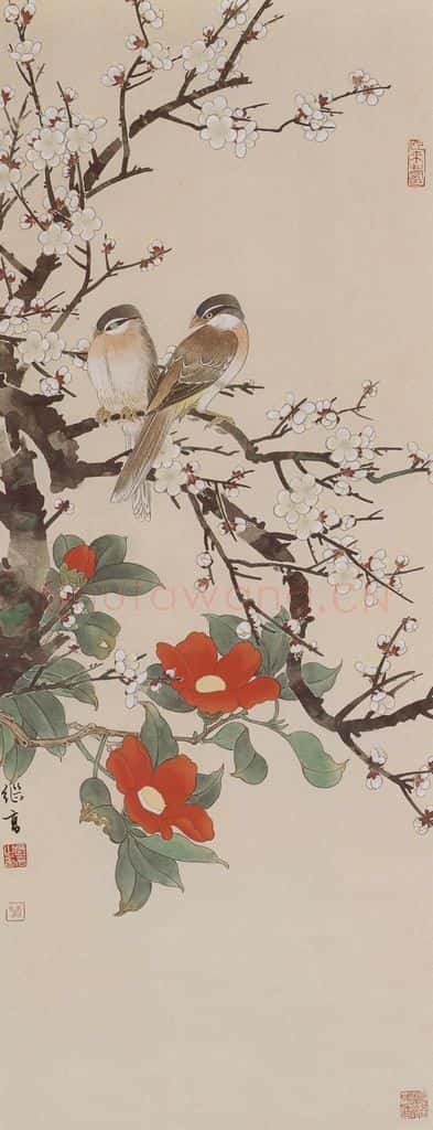 1984年 喻继高《茶梅伯劳》书画作品