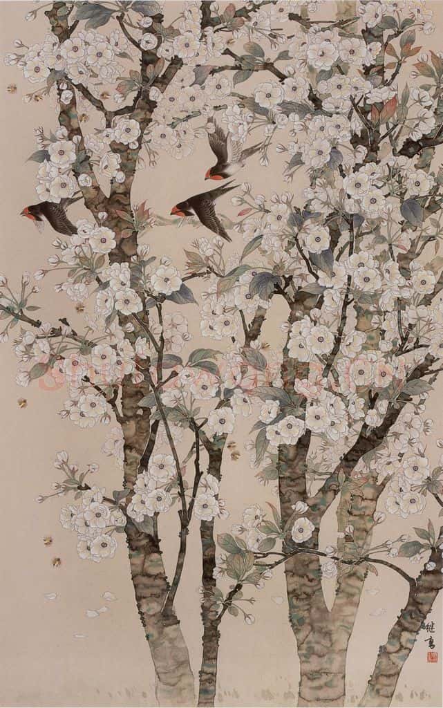 1978年 喻继高《梨花春燕》书画作品