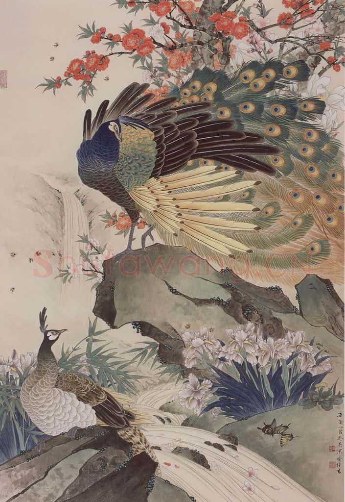 1981年 喻继高《孔雀戏春》书画作品