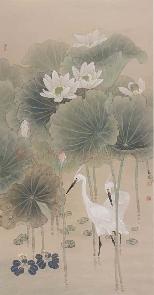 2002年 喻继高《秋荷白鹭》书画作品