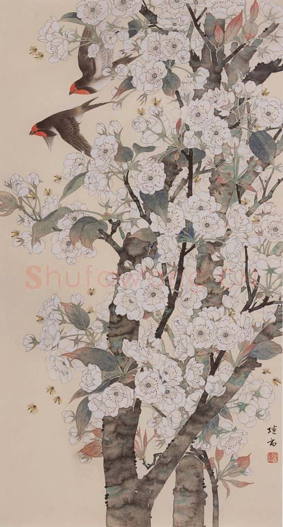 1978年 喻继高《梨花春燕》书画作品