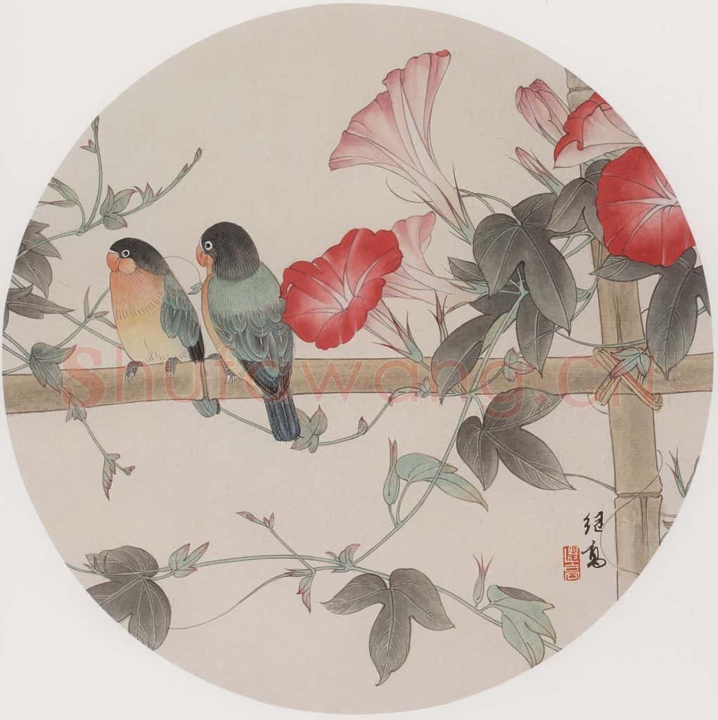 1988年 喻继高《牵牛鹦哥》书画作品