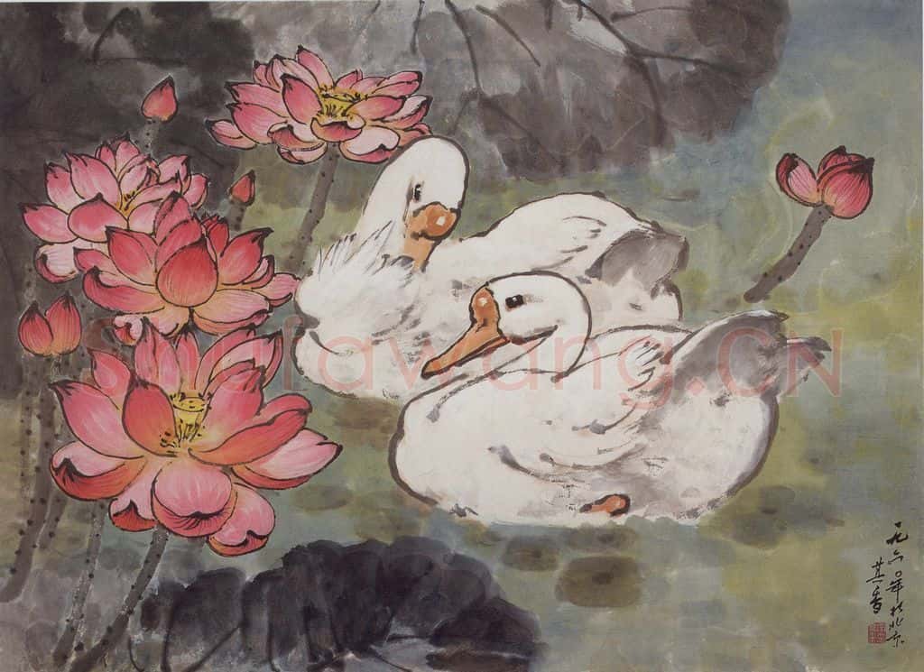 1960年 宗其香《荷塘双鹅》书画作品