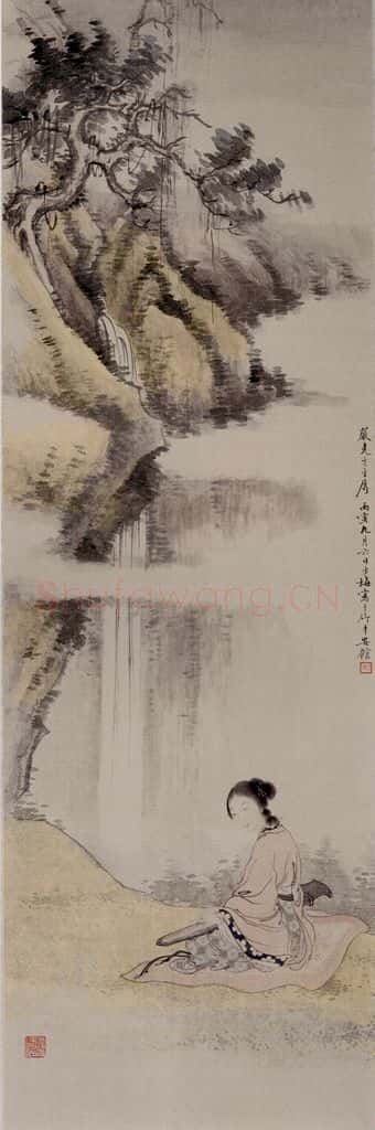 黄少梅《抚琴图轴》书画作品