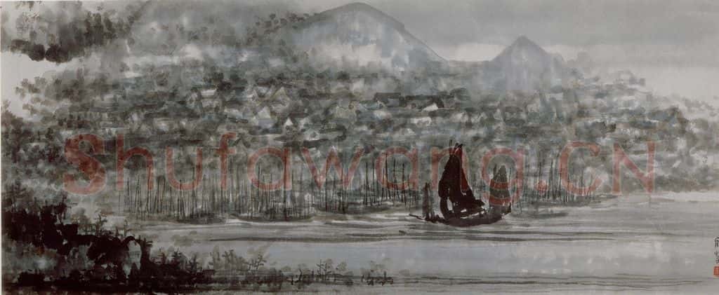 黄般若《香港渔村图横幅》书画作品