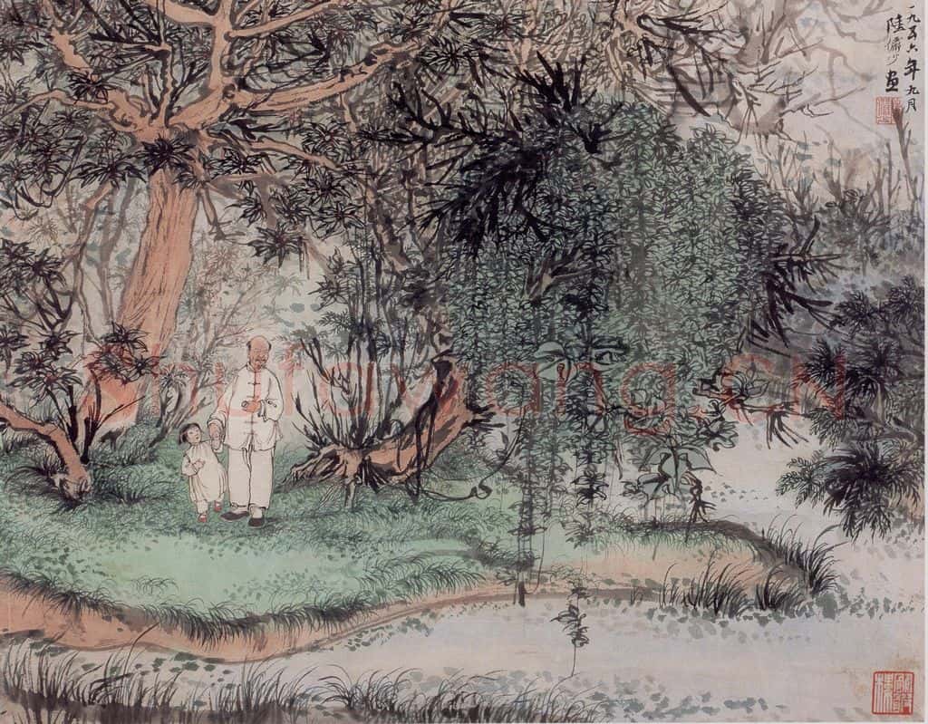 1956年 陆俨少 携幼看景 书画作品