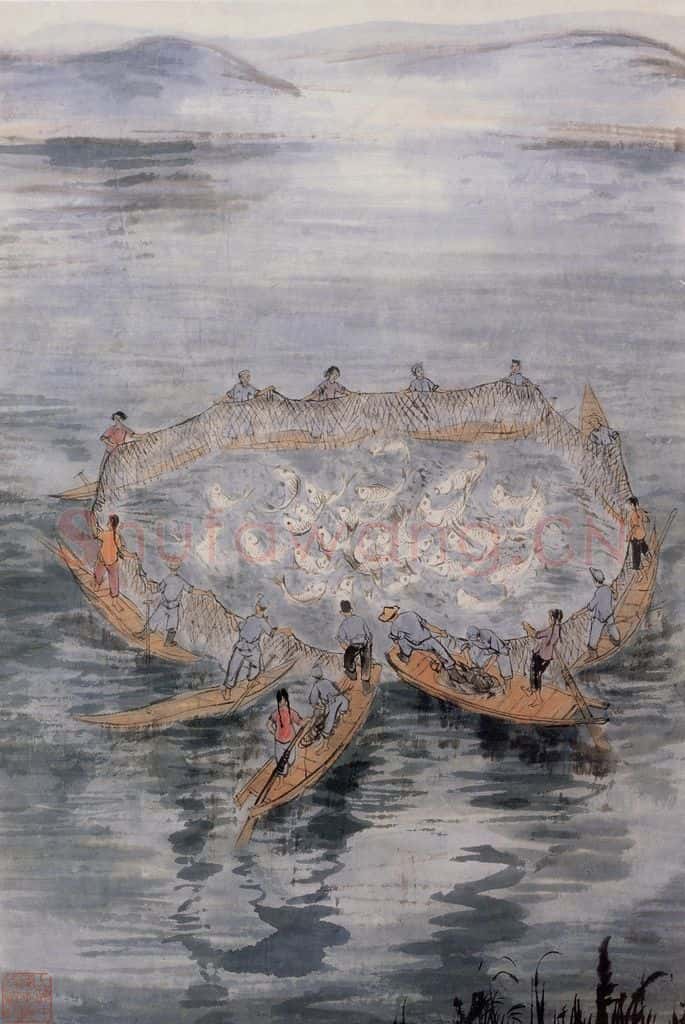 约20世纪60年代 陆俨少《捕鱼》书画作品