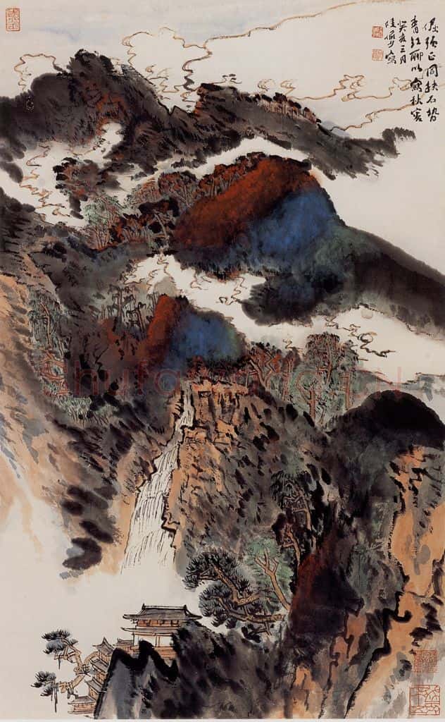 1983年 陆俨少 重楼听瀑图 书画作品
