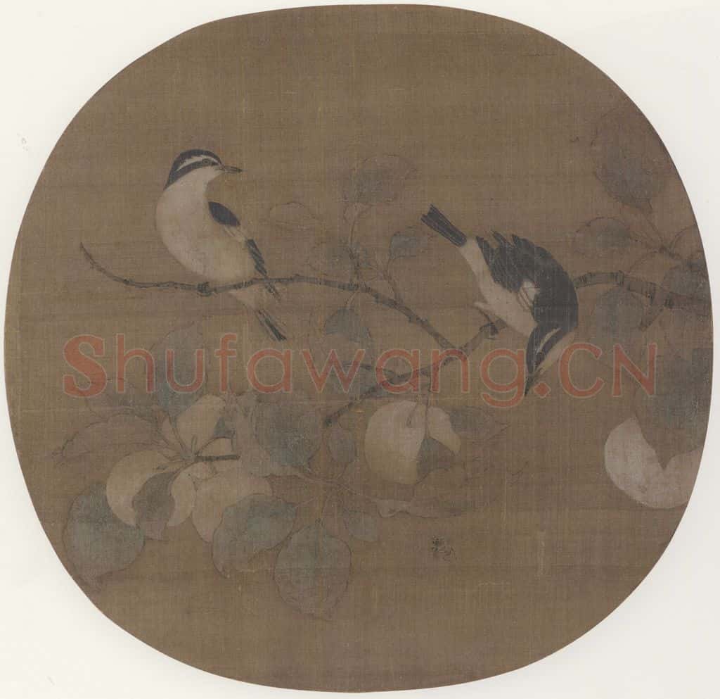 宋 佚名《桃枝双雀图》书画作品