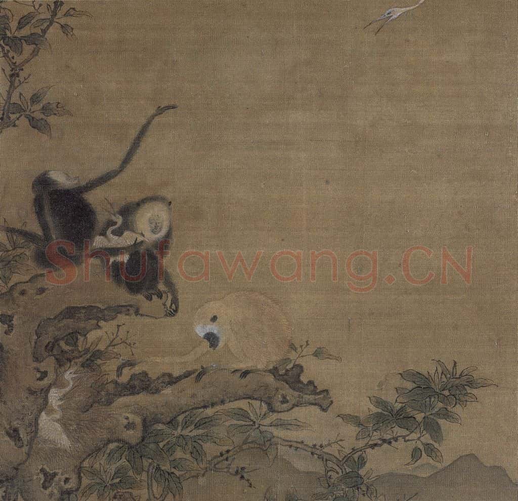 宋代 佚名《三猿得鹭图》书画作品