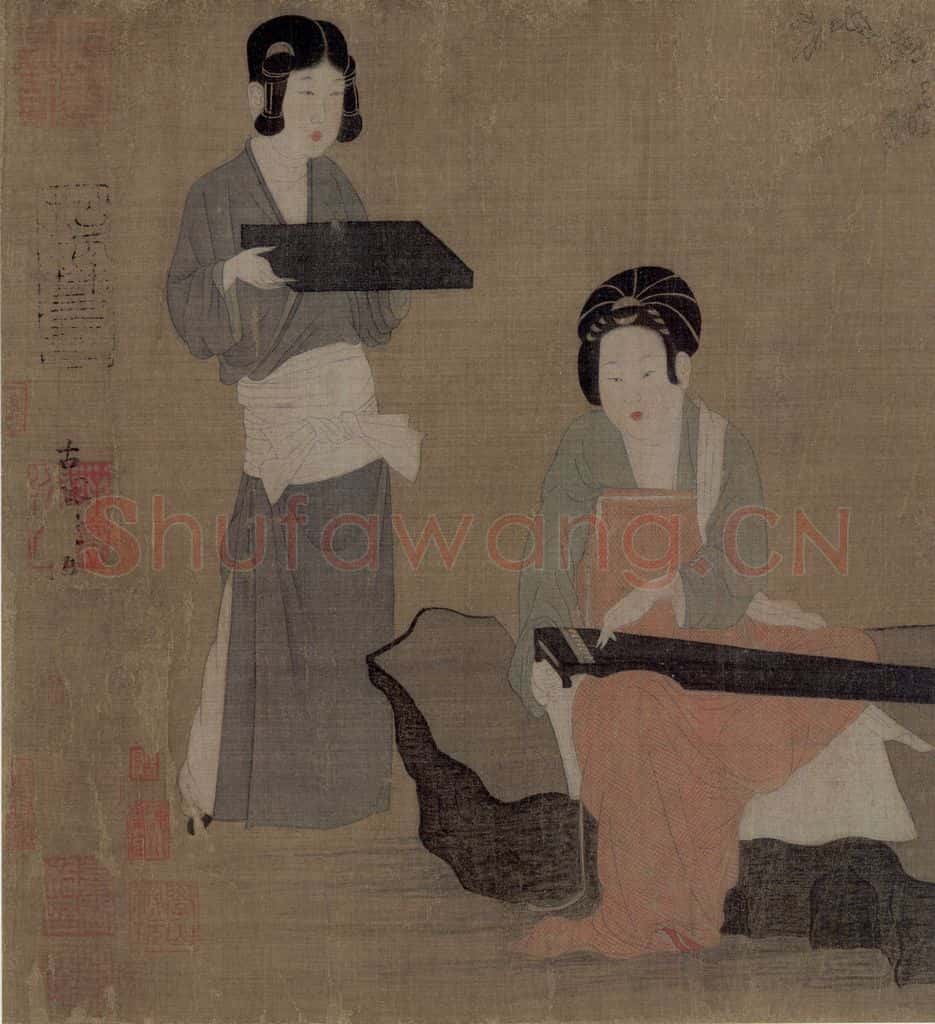 宋 佚名 宫妓调琴图 书画作品