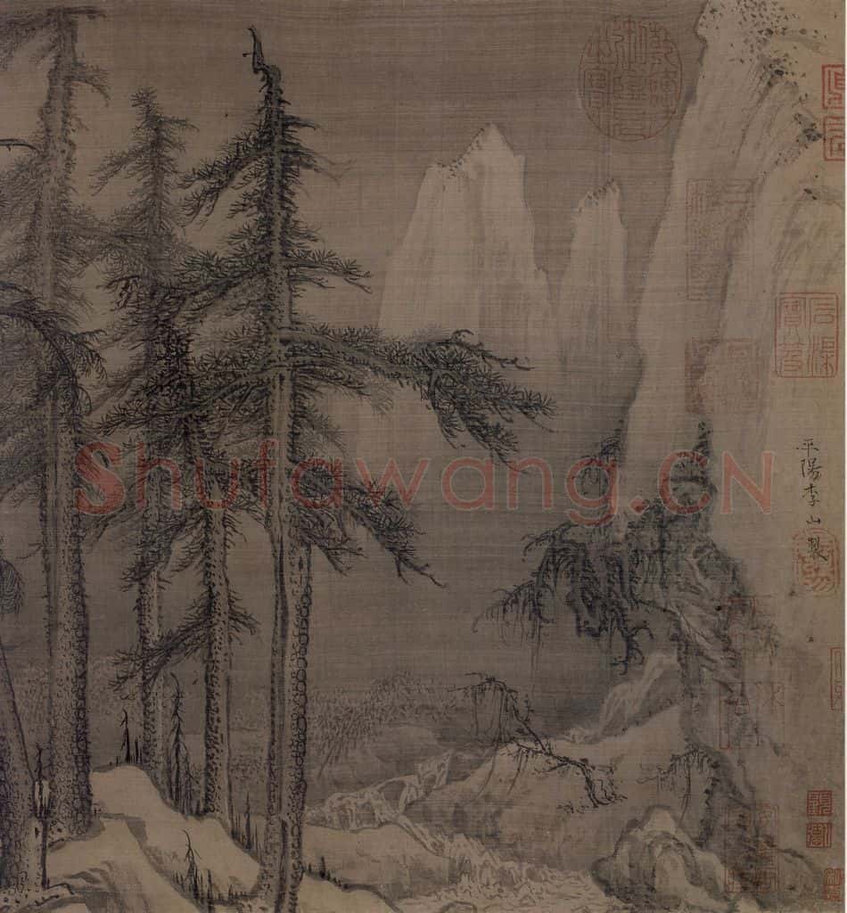 金 李山《风雪松杉图》书画作品