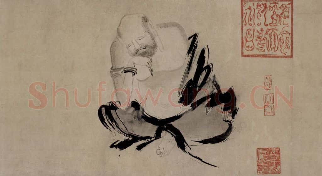 五代 石恪《二祖调心图》书画作品
