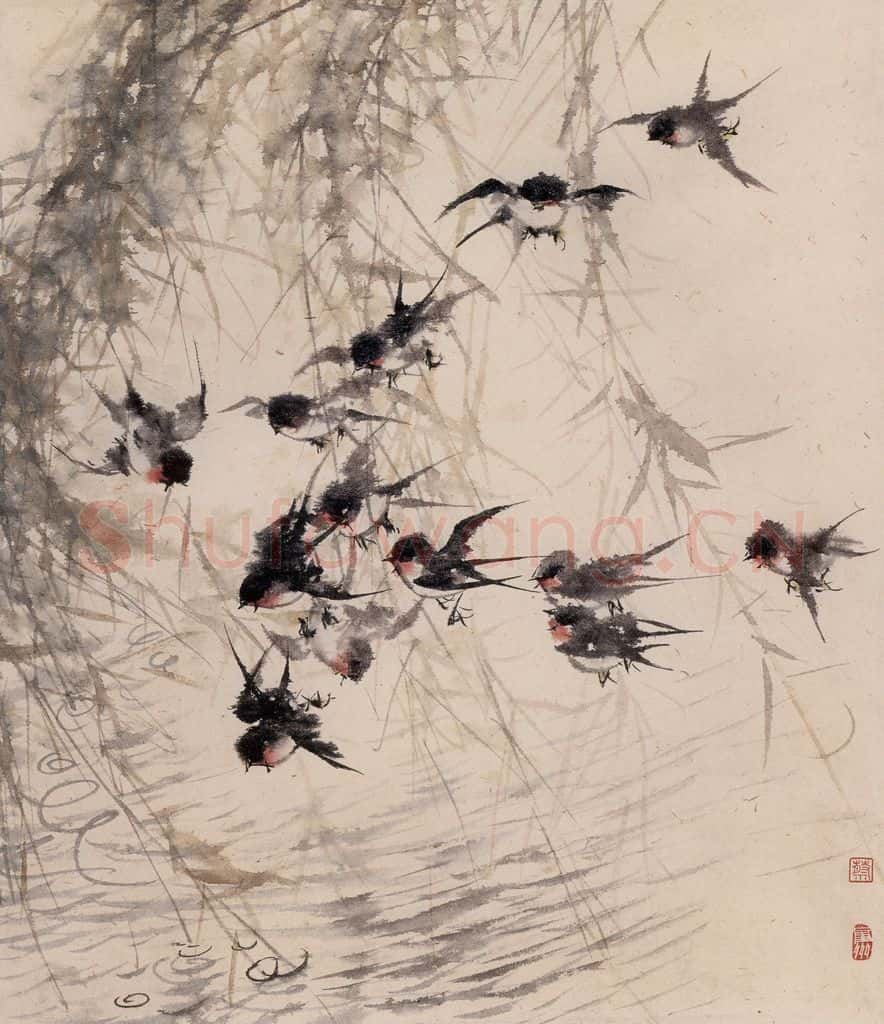 1958年 蔡鹤洲《欢燕拂柳》书画作品