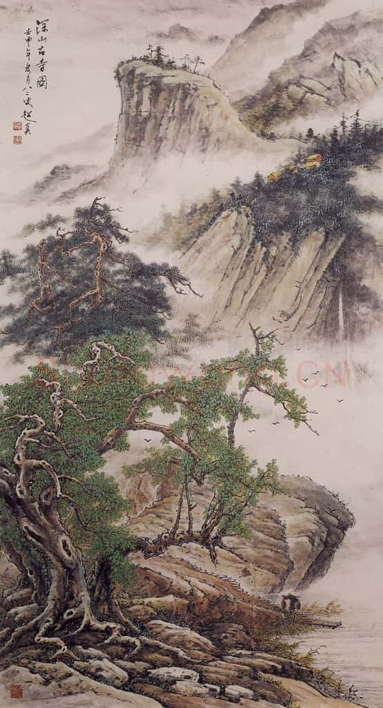 1992年 彭友善《深山古寺》书画作品