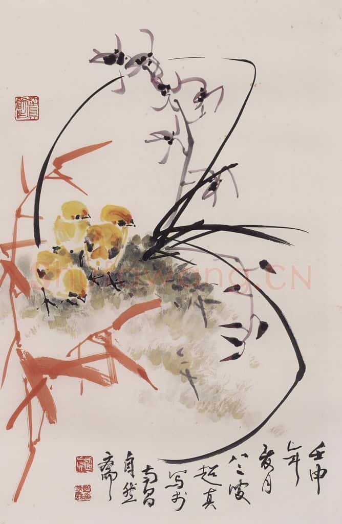 1992年 彭友善《兰竹鸡》书画作品
