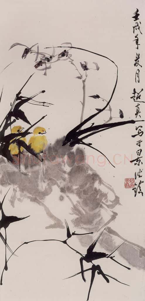 1982年 彭友善《兰竹鸡》书画作品