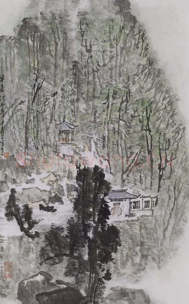1999年 童中焘《早春烟霞》书画作品