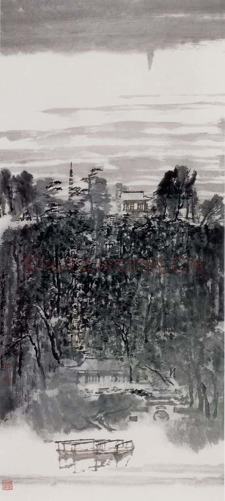 1992年 童中焘《西泠晚烟》书画作品