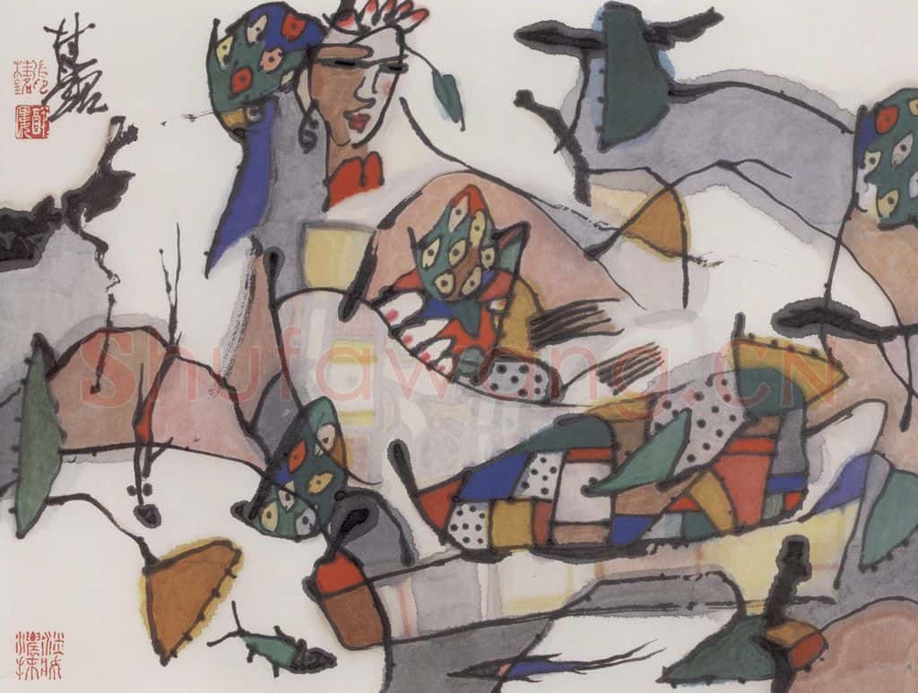1990年 张桂铭《仕女》书画作品