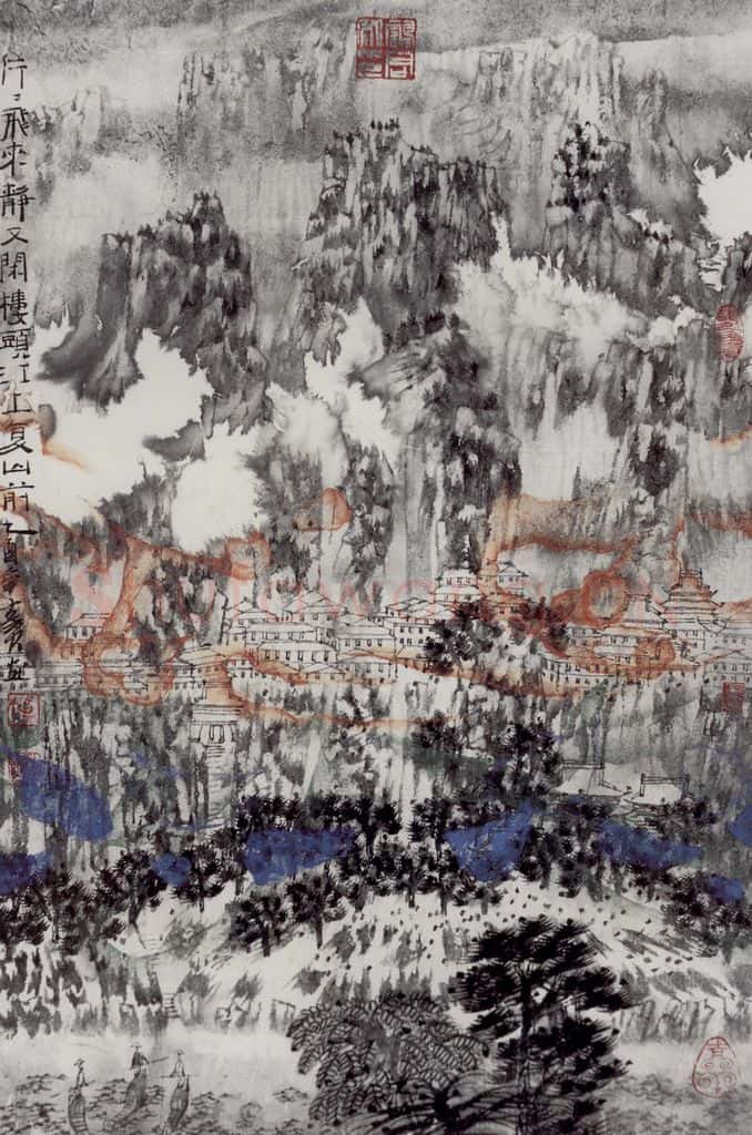 2005年 卓鹤君《片片飞来静又闲 楼头江上复山前》书画作品