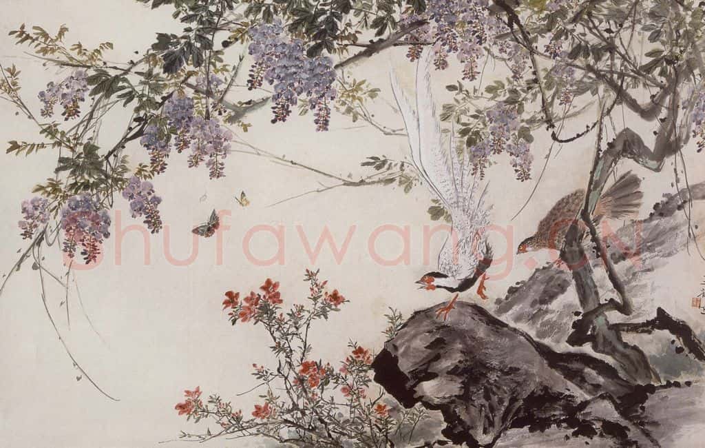 约1965年 王雪涛《紫藤白鹇》书画作品