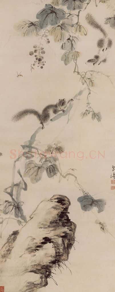 1938年 王雪涛《藤间鼠戏》书画作品