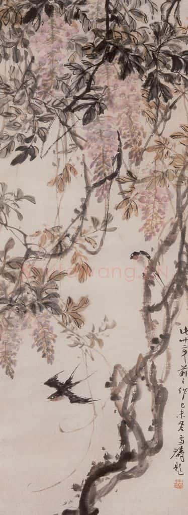 1946年 王雪涛《紫藤飞燕》书画作品