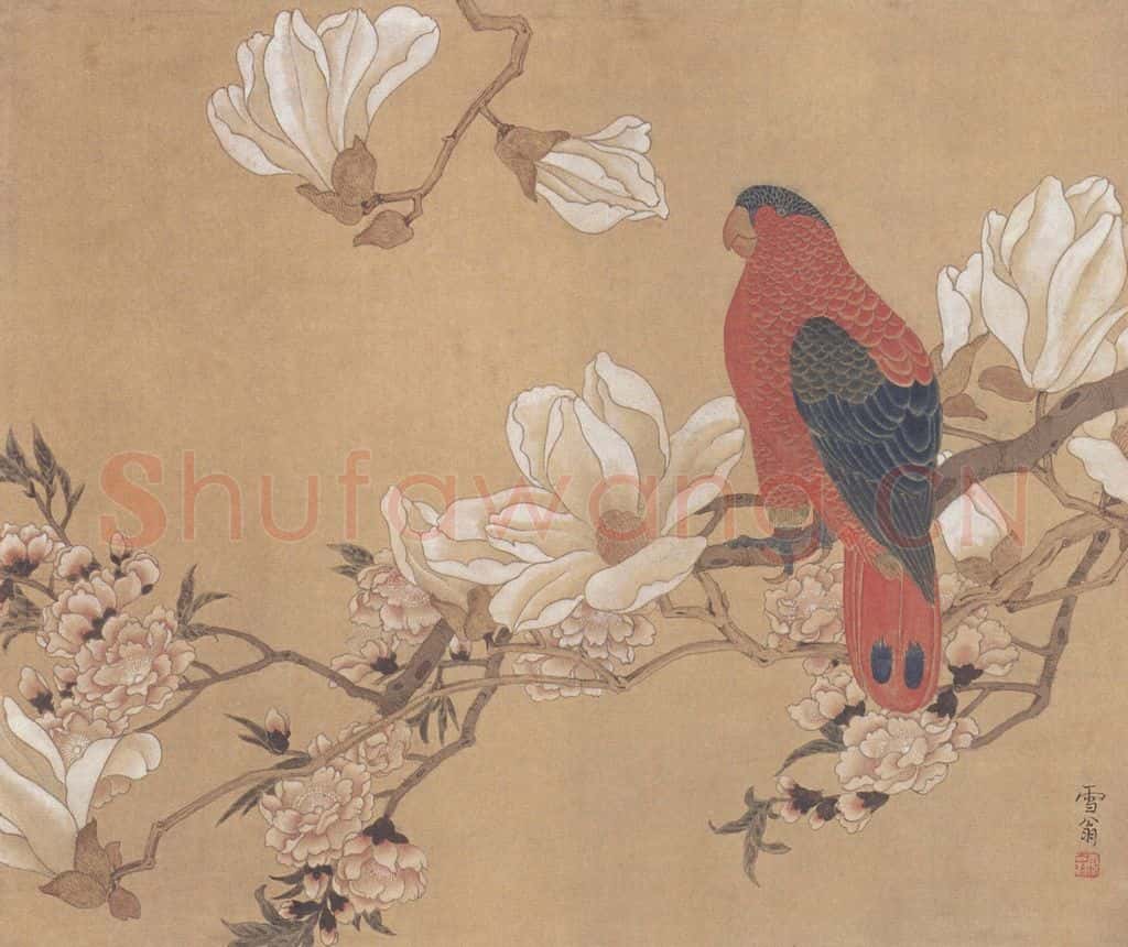 陈之佛《玉兰鹦鹉图》书画作品