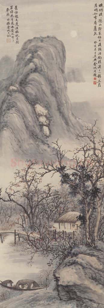 1923年 金城《溪桥玩月图》书画作品