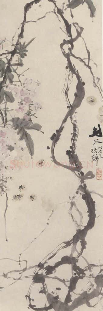 1928年 高剑父《藤箩游蜂图》书画作品