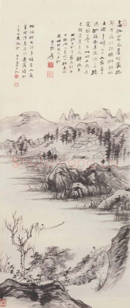 1933年 张大千《仿石涛湖山秋兴图》书画作品